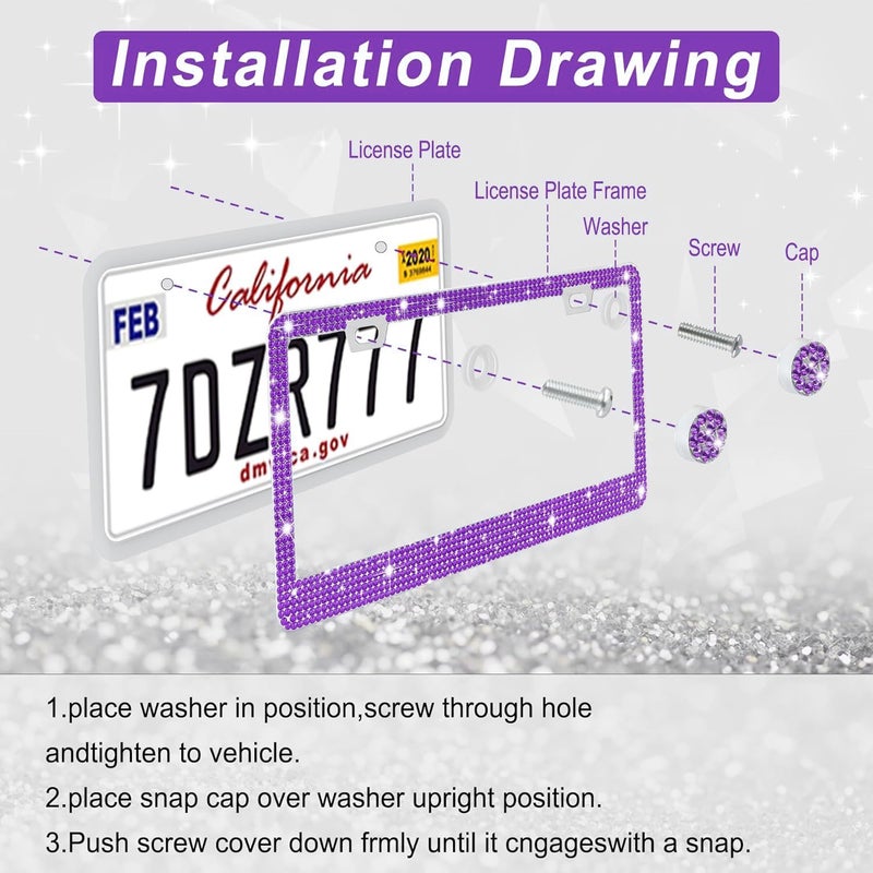 Amiss Bling License Plate Frame for Women, 2Pack Rhinestone Handcrafted Crystal Premium Stainless Steel, Stainless Steel Car Decorative Accessories with Diamond Sparkle Glitter Caps (Purple) - Image 5