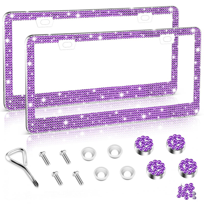 Amiss Bling License Plate Frame for Women, 2Pack Rhinestone Handcrafted Crystal Premium Stainless Steel, Stainless Steel Car Decorative Accessories with Diamond Sparkle Glitter Caps (Purple) - Image 1
