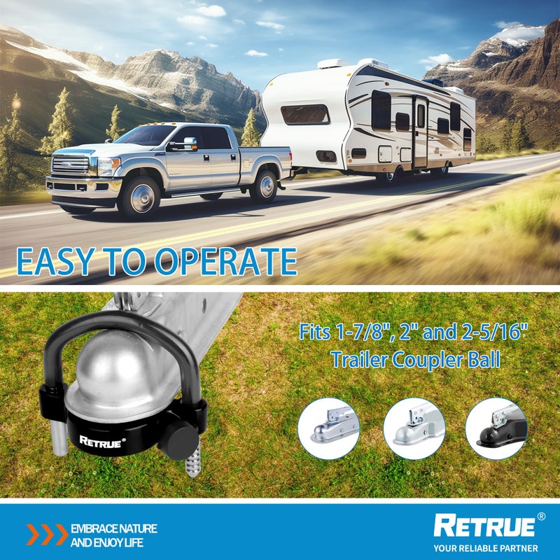 RETRUE Universal Trailer Ball Lock Hitch Coupler Locks Fits 1-7/8 Inch, 2 Inch, 2-5/16 Inch Couplers Adjustable Security with Weatherproof Cover and Cap, Black - Image 3