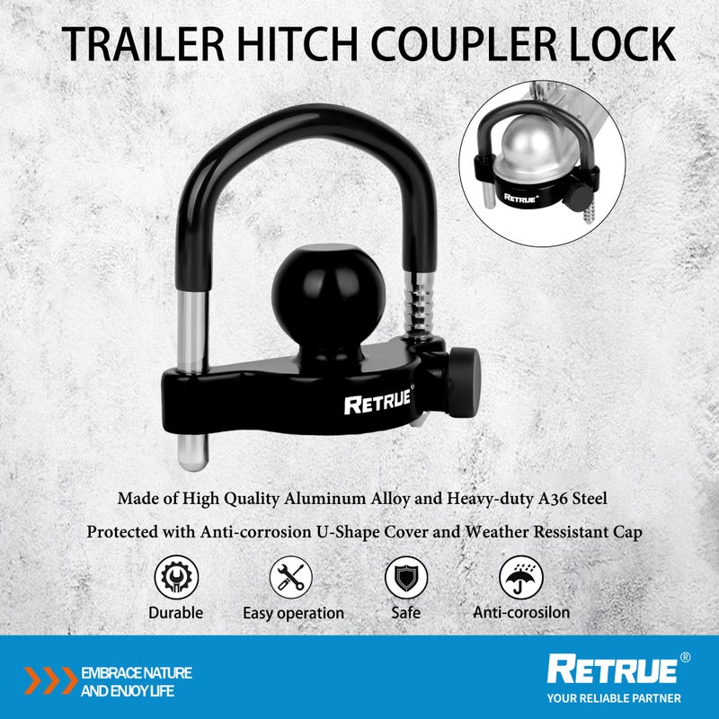 RETRUE Universal Trailer Ball Lock Hitch Coupler Locks Fits 1-7/8 Inch, 2 Inch, 2-5/16 Inch Couplers Adjustable Security with Weatherproof Cover and Cap, Black - Image 2