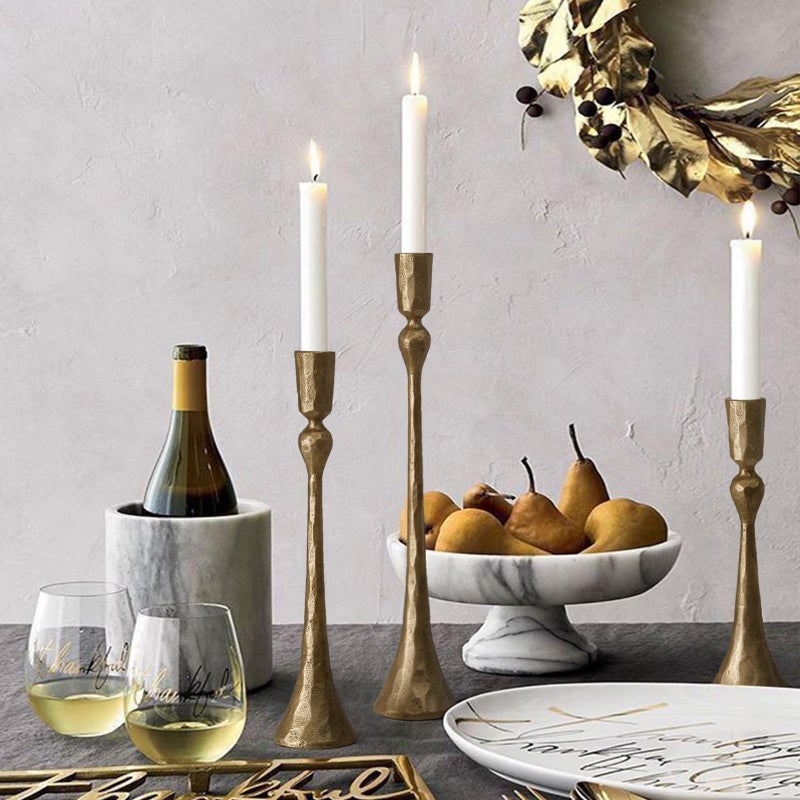 SUJUN Vintage Cast Iron Taper Candle Holder - Set of 3 Decorative Candle Stand, Candlestick Holder for Wedding, Dinning, Party (Antique Brass) - Image 3