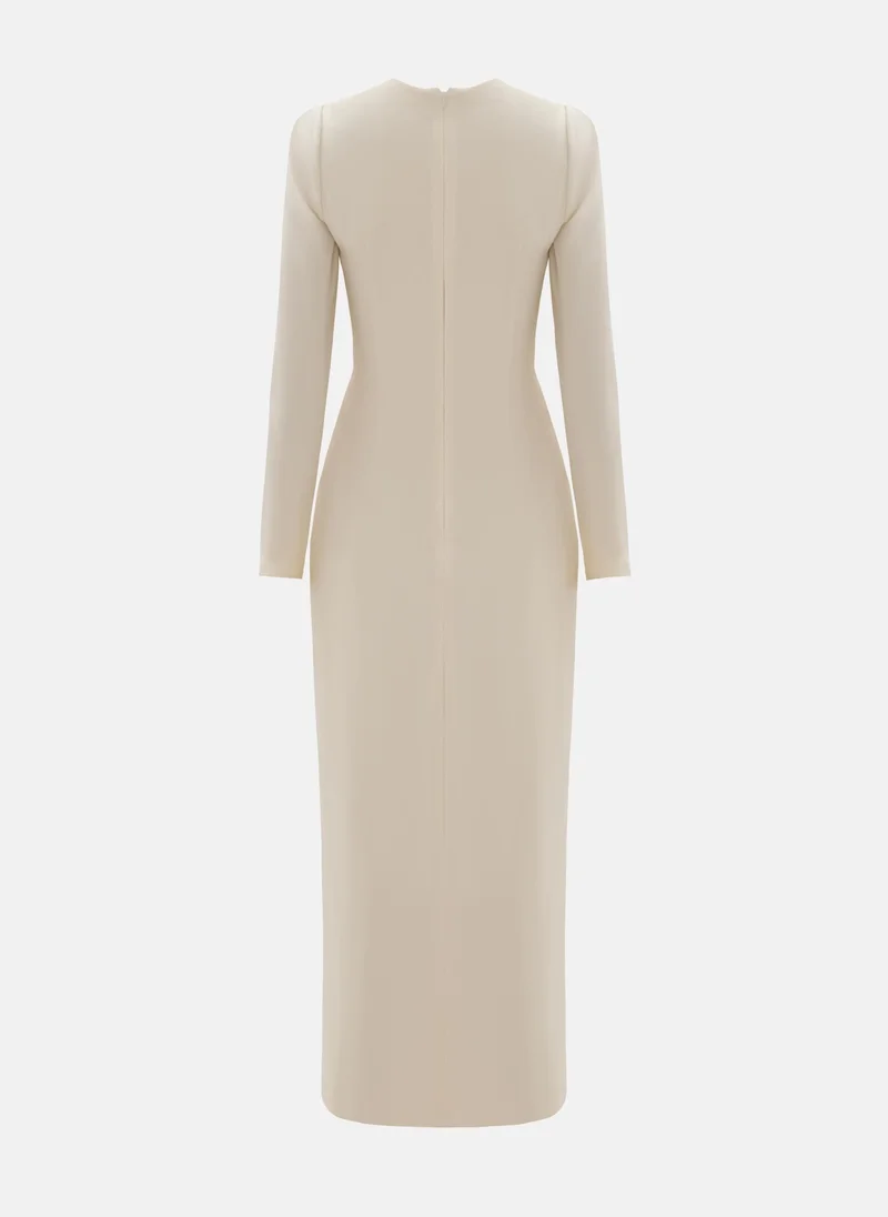 Lichi Maxi dress with draped waist and rhinestone brooch