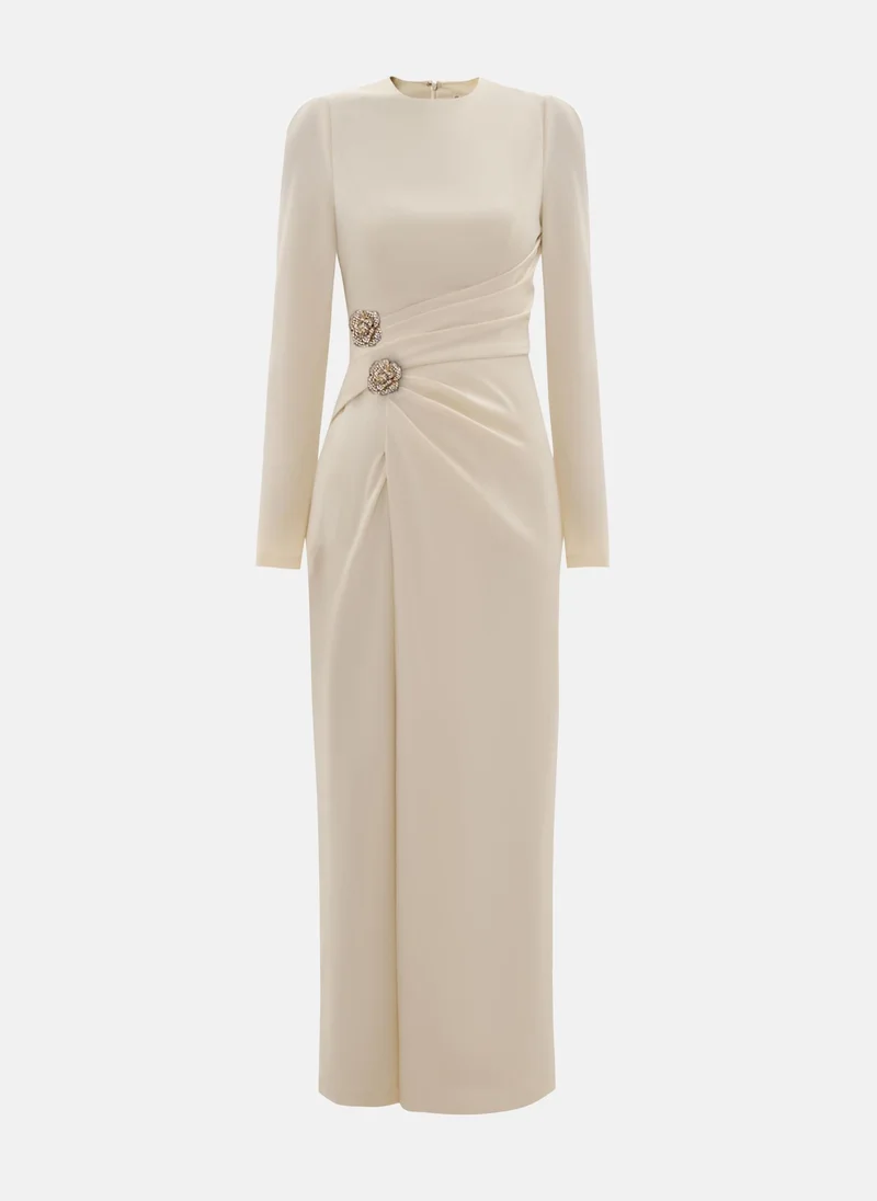 Lichi Maxi dress with draped waist and rhinestone brooch