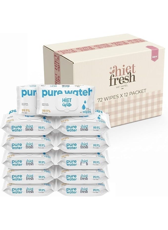 hiet fresh Carton Box 99.9% Pure Water Baby Wipes for Sensitive Skin, Unscented & Alcohol-Free - Value Pack (10 + 2 Free) 864 Total Count (12 Packs x 72 Wipes with Flip-Top Lid) - Image 3