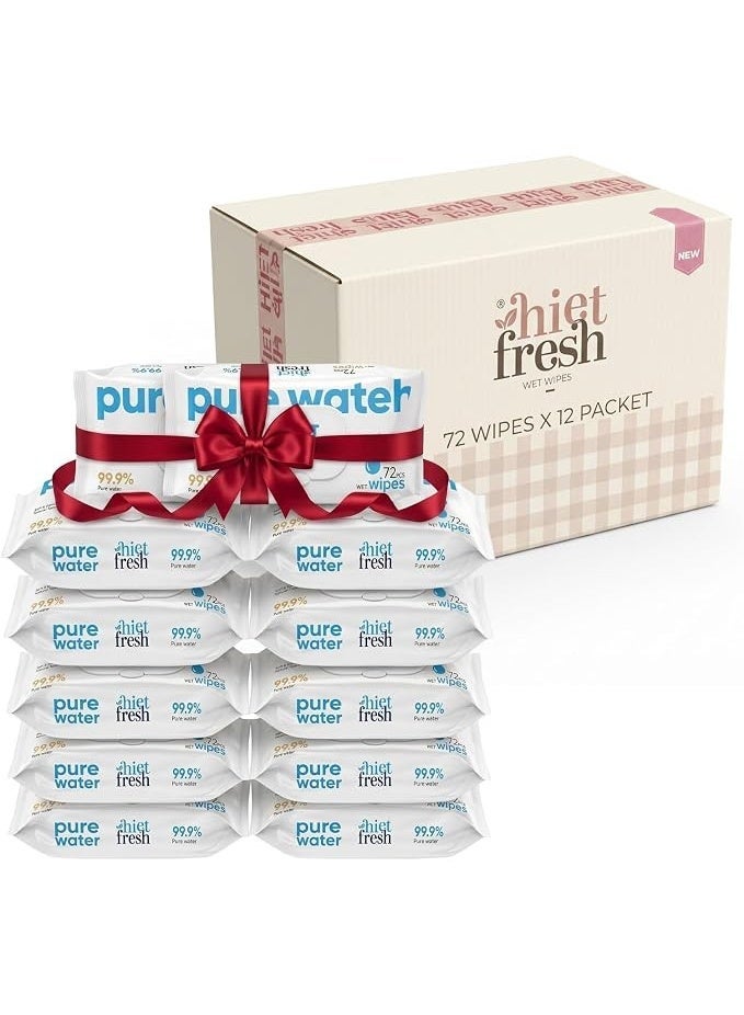 hiet fresh Carton Box 99.9% Pure Water Baby Wipes for Sensitive Skin, Unscented & Alcohol-Free - Value Pack (10 + 2 Free) 864 Total Count (12 Packs x 72 Wipes with Flip-Top Lid) - Image 1