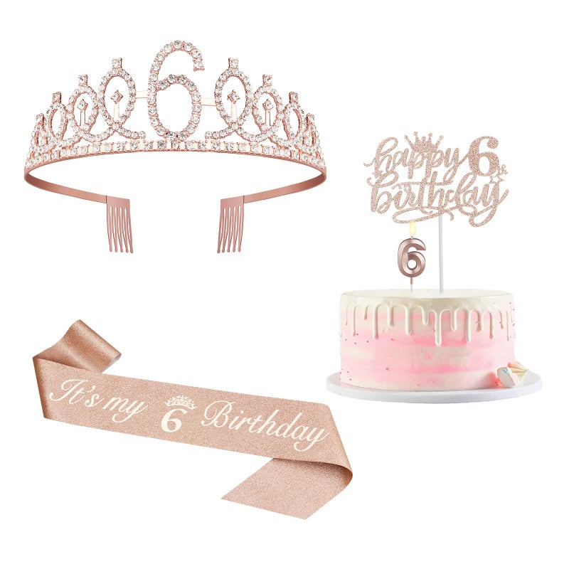 6th Birthday Decorations for Girl Including Sash Crown Numeral Candle and Cake Topper 6 Year Old Birthday Decorations Rose Gold Party Favor Supplies