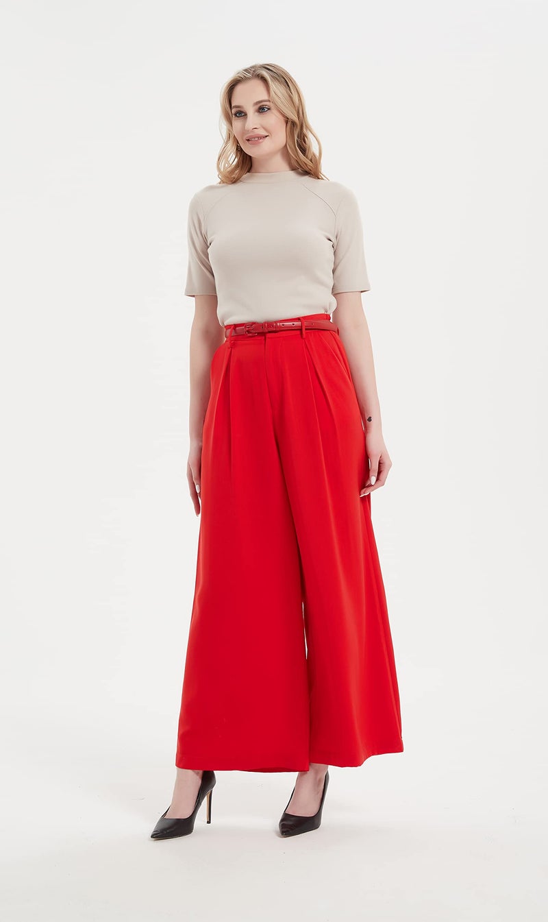 Tronjori Women High Waist Casual Wide Leg Long Palazzo Pants Trousers Regular Size(XL, Fiery Red) - Image 4