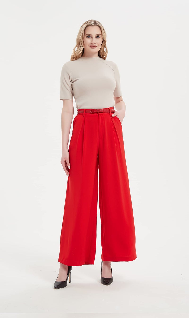Tronjori Women High Waist Casual Wide Leg Long Palazzo Pants Trousers Regular Size(XL, Fiery Red) - Image 3