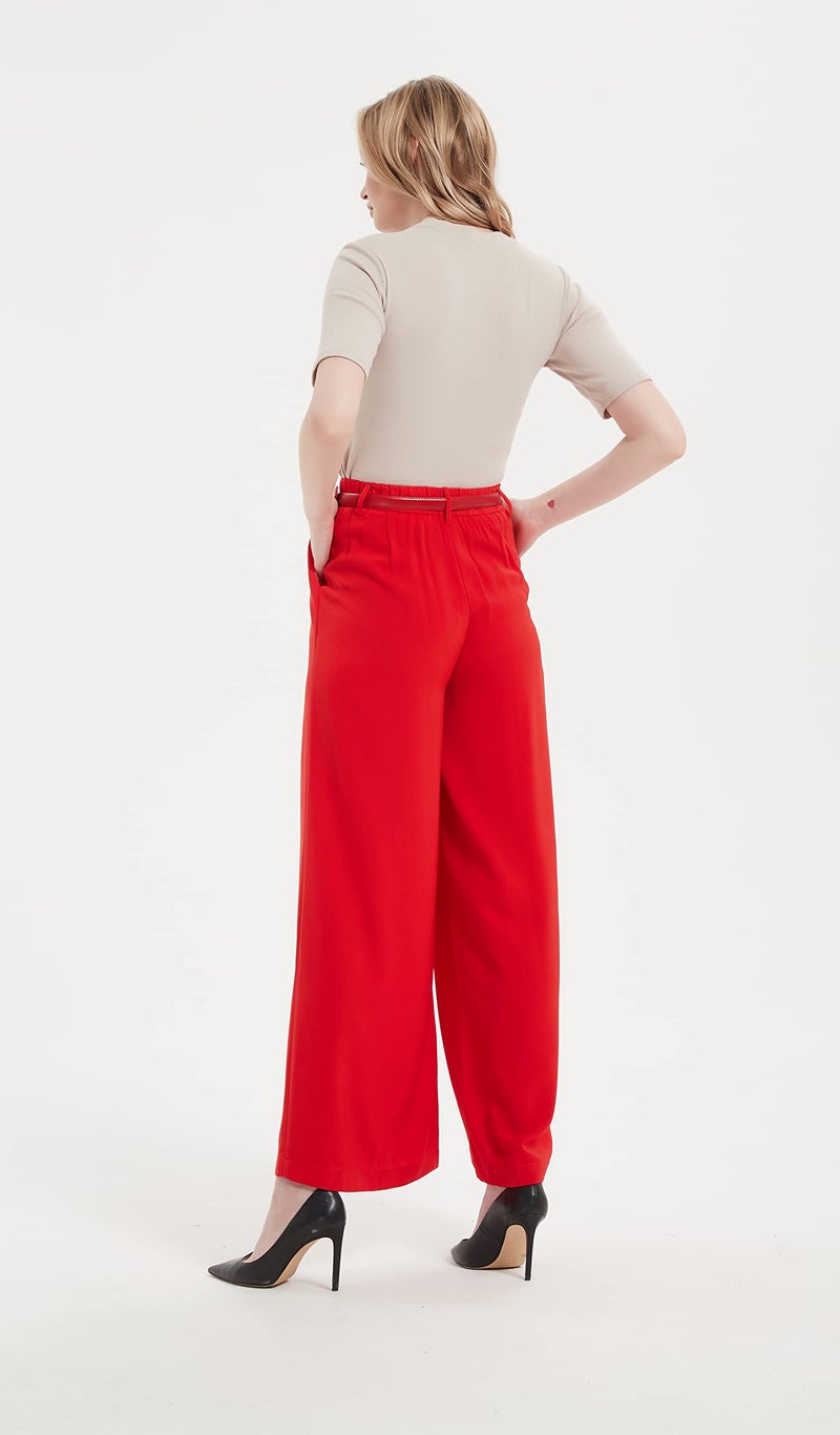 Tronjori Women High Waist Casual Wide Leg Long Palazzo Pants Trousers Regular Size(XL, Fiery Red) - Image 2