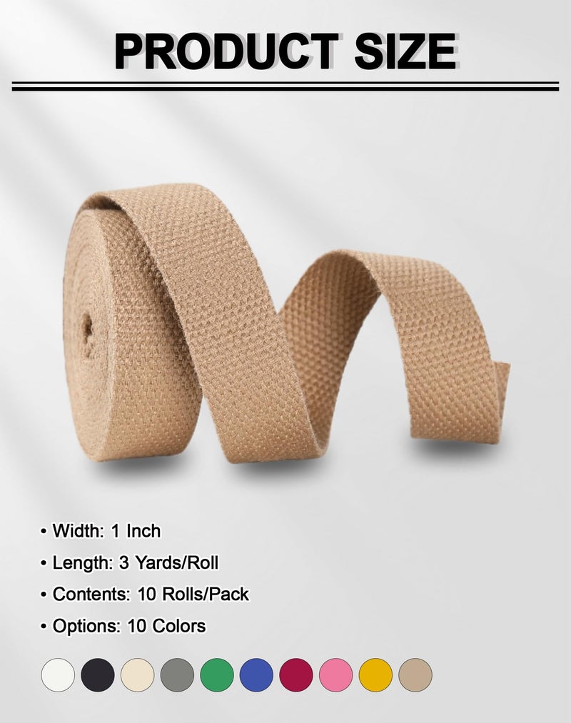 A ANYSSI Cotton Webbing 1 Inch, 10 Rolls Polyester-Cotton Webbing Straps for Bags Handle, 3 Yards per Roll, Soft Heavy Duty for Tote Bag, Purse Strap, DIY Crafts (10 Colors) - Image 2