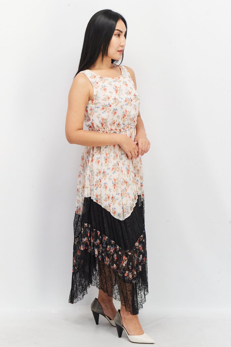 VERO MODA فستان ميدي مزخرف بالزهور للنساء، خوخي/أسود - Image 3