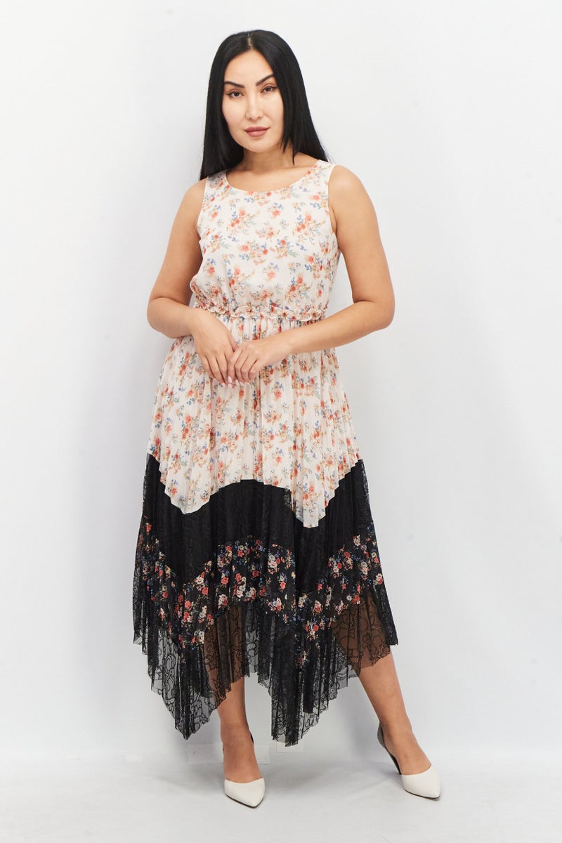 VERO MODA فستان ميدي مزخرف بالزهور للنساء، خوخي/أسود - Image 1