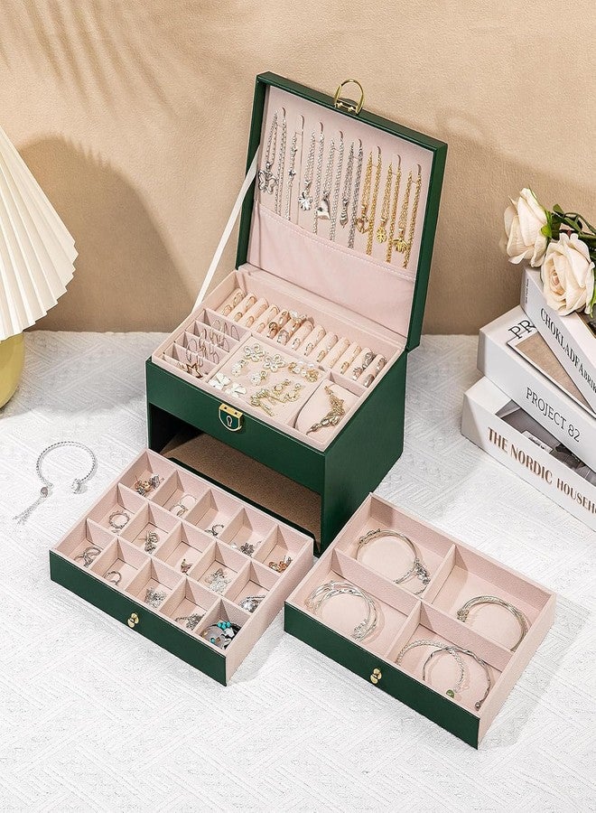 CBEX Jewelry Box for Women Girls, 3 Layer Large PU Leather Organizer Storage Case Display Rings Necklace Holder for Earrings Bracelets,Green - Image 5