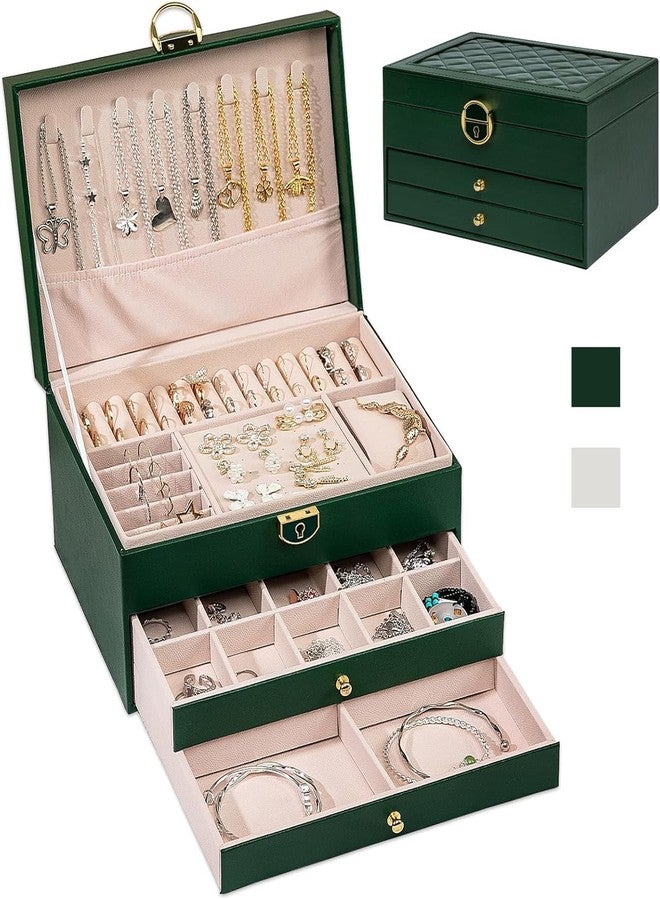 CBEX Jewelry Box for Women Girls, 3 Layer Large PU Leather Organizer Storage Case Display Rings Necklace Holder for Earrings Bracelets,Green - Image 1