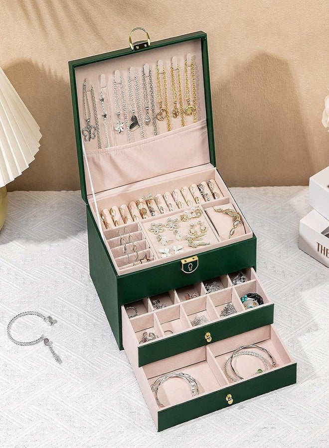 CBEX Jewelry Box for Women Girls, 3 Layer Large PU Leather Organizer Storage Case Display Rings Necklace Holder for Earrings Bracelets,Green - Image 2