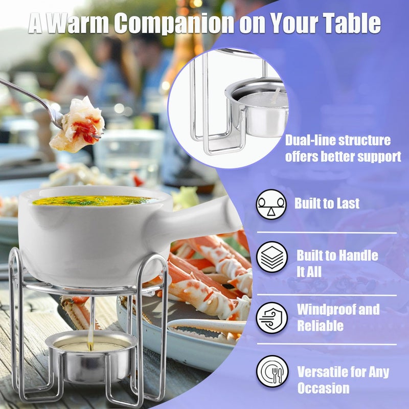 Artestia Butter Warmer with Handle Set of 4 â€“ Large Ceramic Butter Warmers for Seafood, Fondue, Chocolate & Cheese, Stable Metal Stand, Tealight Candle Heated, Dishwasher & Microwave Safe, White - Image 2