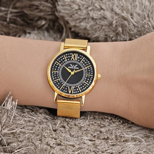 LOUIS DEVIN Gold Plated Mesh Chain Analog Wrist Watch for Women (Black Dial) | LD-GLD196-BLKGLD - Image 2