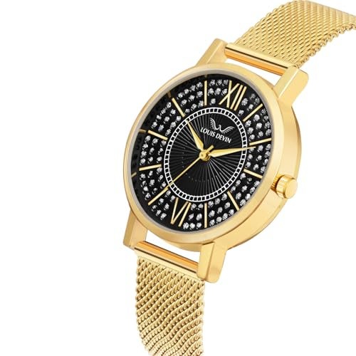LOUIS DEVIN Gold Plated Mesh Chain Analog Wrist Watch for Women (Black Dial) | LD-GLD196-BLKGLD - Image 4
