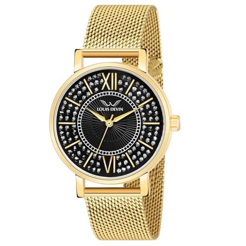 LOUIS DEVIN Gold Plated Mesh Chain Analog Wrist Watch for Women (Black Dial) | LD-GLD196-BLKGLD - Image 1