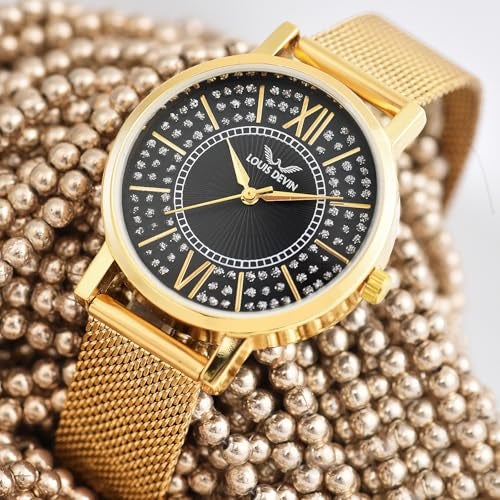 LOUIS DEVIN Gold Plated Mesh Chain Analog Wrist Watch for Women (Black Dial) | LD-GLD196-BLKGLD - Image 3