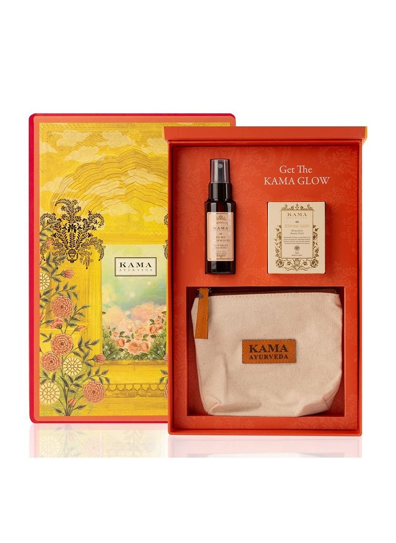 كاما ايورفيدا علبة هدية توهج بين عشية وضحاها Kumkumadi Tailam Face Serum Pure Rose Water Travel Pouch  - Image 1