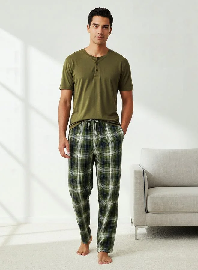 سبلاش فيڤ Men Cotton Checked Button Front Nightwear Set