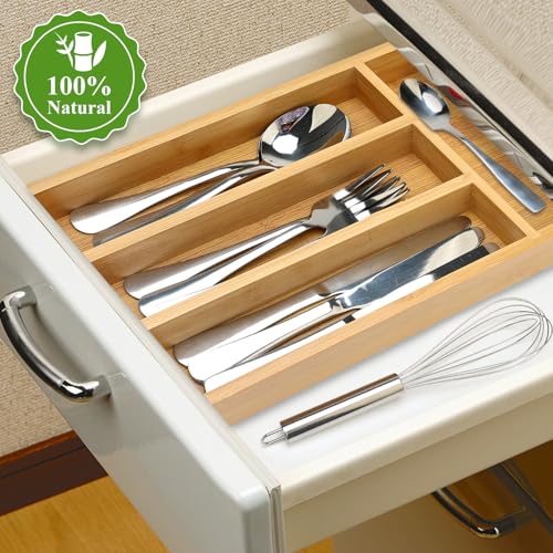 Hilislog Bamboo Silverware Drawer Organizer Small Cutlery Tray Wooden Kitchen Utensil Drawer Organizer Skinny Flatware Caddy Wood Utensil Holder Drawer Spoon Fork Cutlery Organizer Narrow Silverware Tray - Image 2