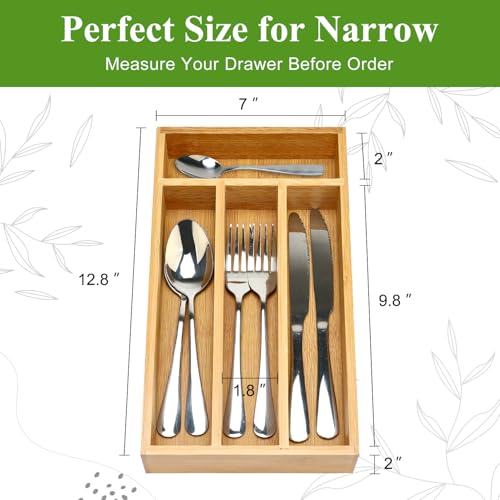 Hilislog Bamboo Silverware Drawer Organizer Small Cutlery Tray Wooden Kitchen Utensil Drawer Organizer Skinny Flatware Caddy Wood Utensil Holder Drawer Spoon Fork Cutlery Organizer Narrow Silverware Tray - Image 4