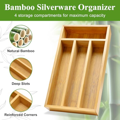 Hilislog Bamboo Silverware Drawer Organizer Small Cutlery Tray Wooden Kitchen Utensil Drawer Organizer Skinny Flatware Caddy Wood Utensil Holder Drawer Spoon Fork Cutlery Organizer Narrow Silverware Tray - Image 5