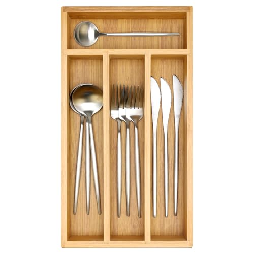 Hilislog Bamboo Silverware Drawer Organizer Small Cutlery Tray Wooden Kitchen Utensil Drawer Organizer Skinny Flatware Caddy Wood Utensil Holder Drawer Spoon Fork Cutlery Organizer Narrow Silverware Tray - Image 1