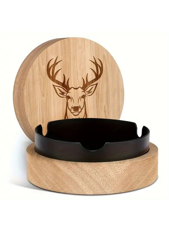 Silvery Creative Wooden Ashtray With Lid Deer Head Pattern Portable Home Office - Image 2