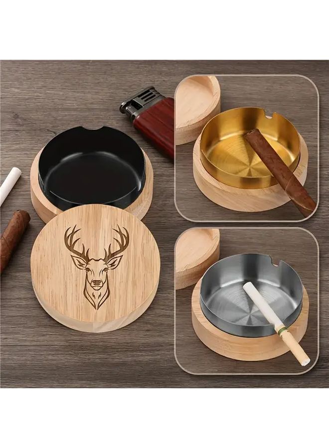 Silvery Creative Wooden Ashtray With Lid Deer Head Pattern Portable Home Office - Image 1