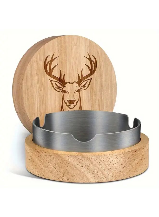 Silvery Creative Wooden Ashtray With Lid Deer Head Pattern Portable Home Office - Image 4