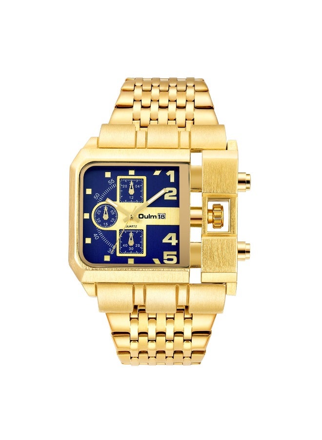Oulm Men's Gold Steel Band Calendar Square Quartz Watch with Large Dial - Image 1