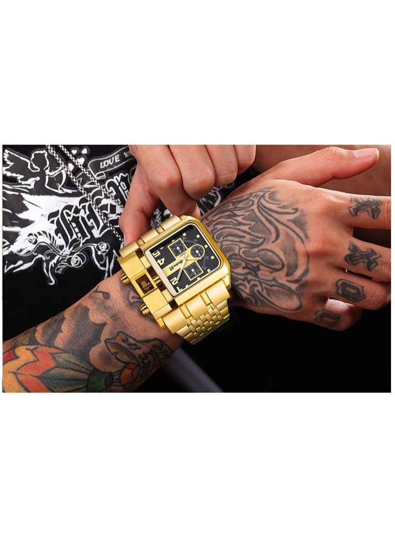 Oulm Men's Gold Steel Band Calendar Square Quartz Watch with Large Dial - Image 5