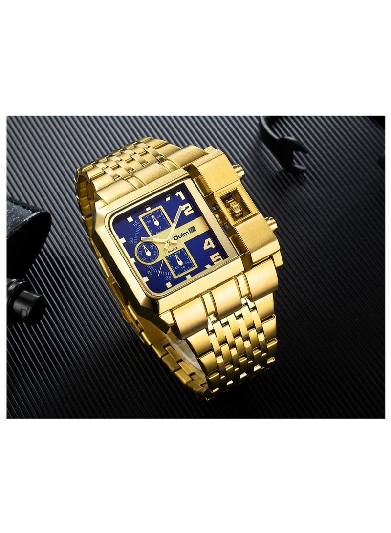 Oulm Men's Gold Steel Band Calendar Square Quartz Watch with Large Dial - Image 2