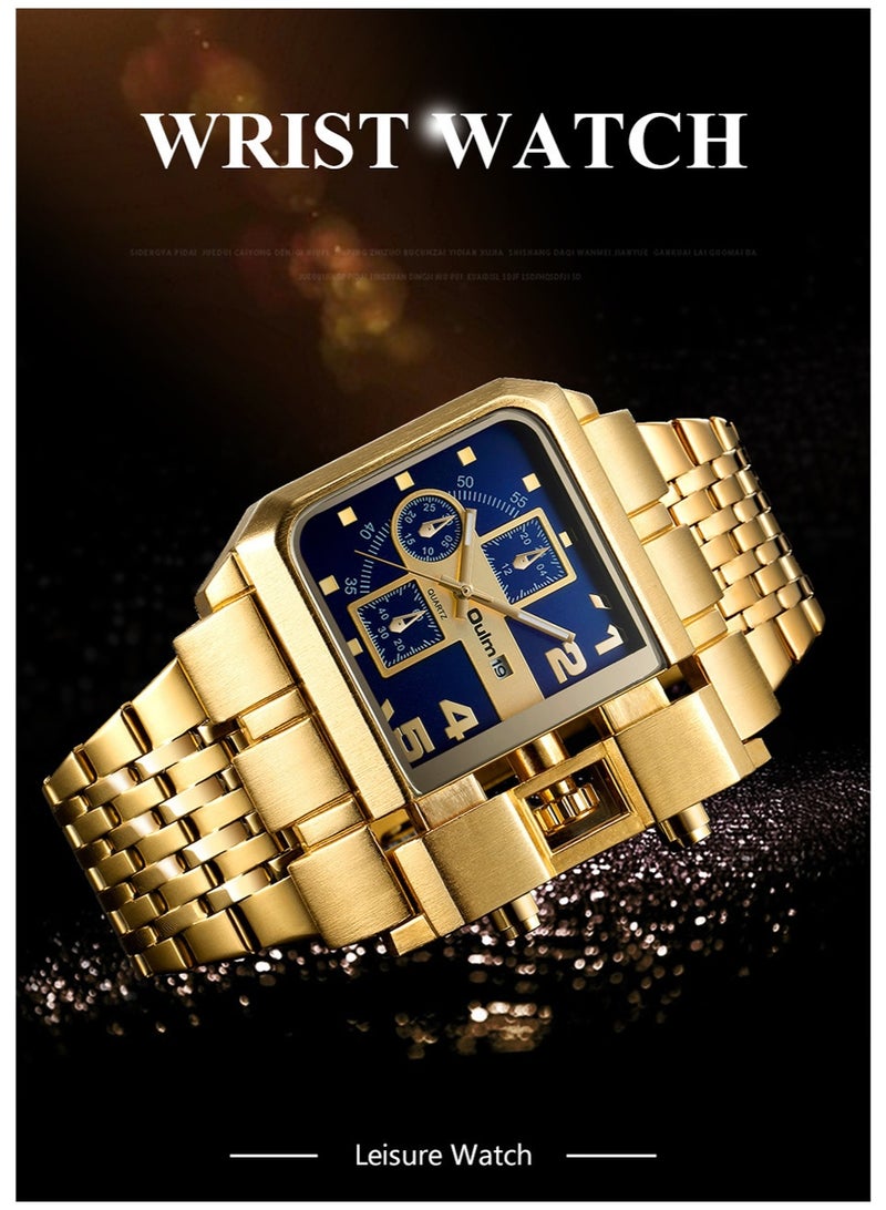 Oulm Men's Gold Steel Band Calendar Square Quartz Watch with Large Dial - Image 3