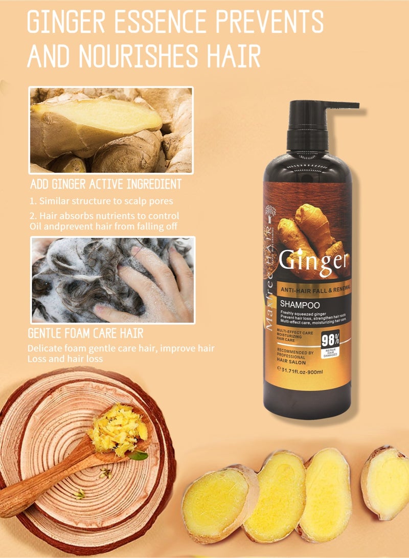 Ginger Anti-Hair Fall & Renewal Hair Shampoo, Gentle Deep Cleansing Moisturizing Refreshing Oil Control Long Lasting Fragrance Plant Ginger Shampoo 900ml  - Image 4