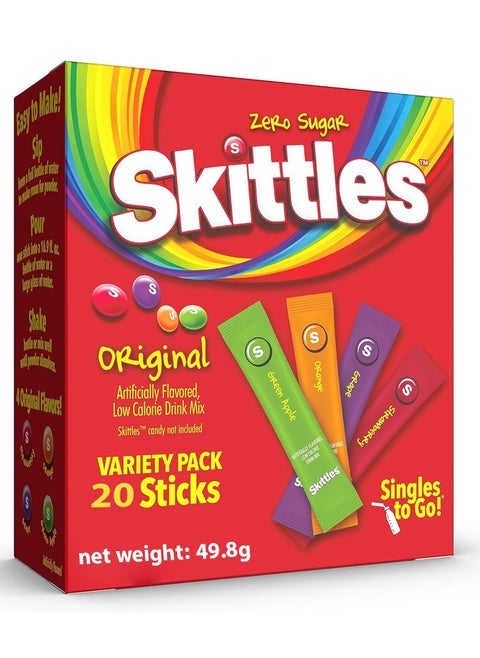 Skittles Singles To Go Variety Pack Powdered Drink Mix Zero Sugar Low Calorie Includes 4 Flavors: Green Apple ,Strawberry Grape, Orange 1 Box 20 sticks (500 ml water each stick)