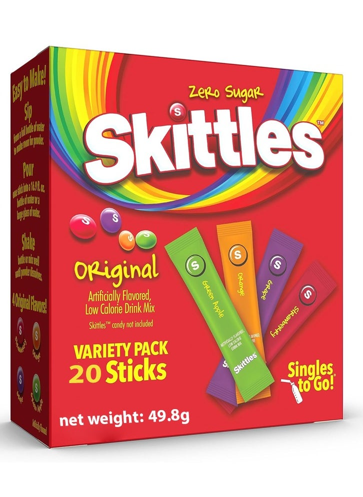 Skittles Singles To Go Variety Pack Powdered Drink Mix Zero Sugar Low Calorie Includes 4 Flavors: Green Apple ,Strawberry Grape, Orange 1 Box 20 sticks (500 ml water each stick)