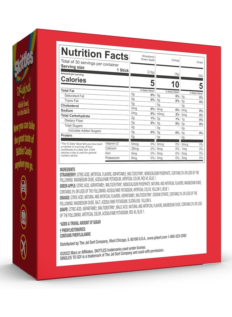 Skittles Singles To Go Variety Pack Powdered Drink Mix Zero Sugar Low Calorie Includes 4 Flavors: Green Apple ,Strawberry Grape, Orange 1 Box 20 sticks (500 ml water each stick)
