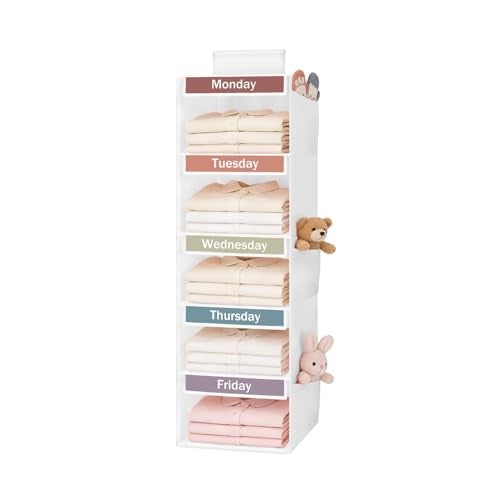 Kukikan Weekly Clothes Organizer for Kids 5Shelf Kid Hanging Closet Organizer w 6 Side Pockets Labeled Weekly Outfit Organizer for Kids Days of The Week Clothes Organizer Monday Through Friday White - Image 1