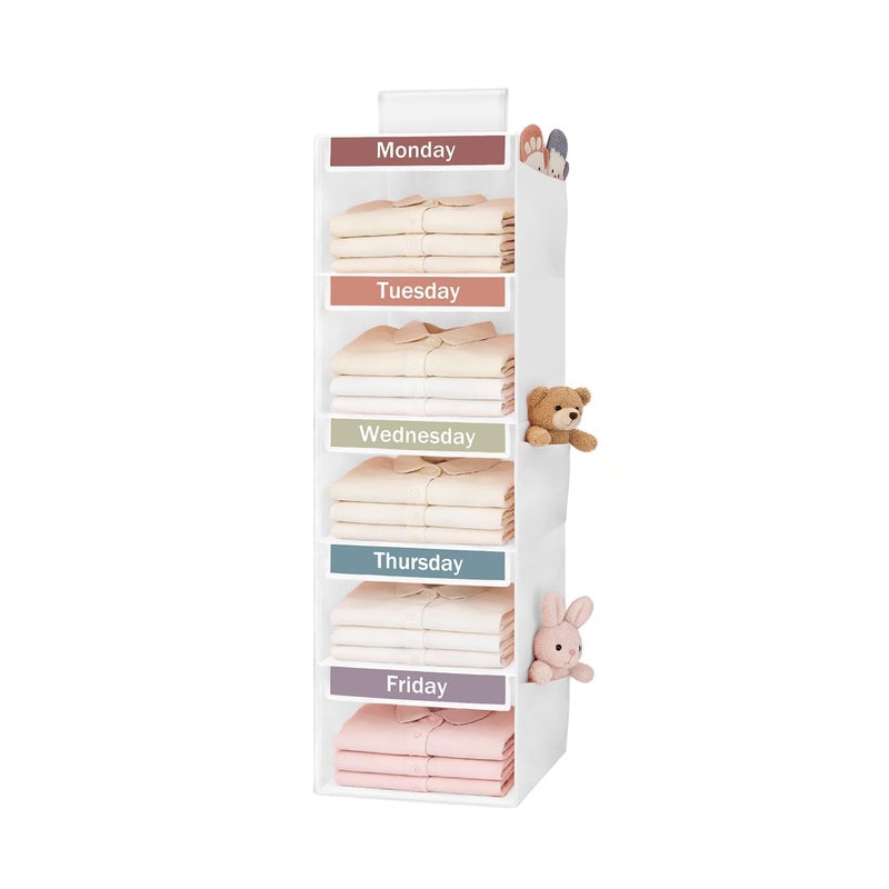 Kukikan Weekly Clothes Organizer for Kids 5Shelf Kid Hanging Closet Organizer w 6 Side Pockets Labeled Weekly Outfit Organizer for Kids Days of The Week Clothes Organizer Monday Through Friday White - Image 2