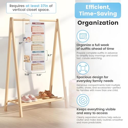 Kukikan Weekly Clothes Organizer for Kids 5Shelf Kid Hanging Closet Organizer w 6 Side Pockets Labeled Weekly Outfit Organizer for Kids Days of The Week Clothes Organizer Monday Through Friday White - Image 3