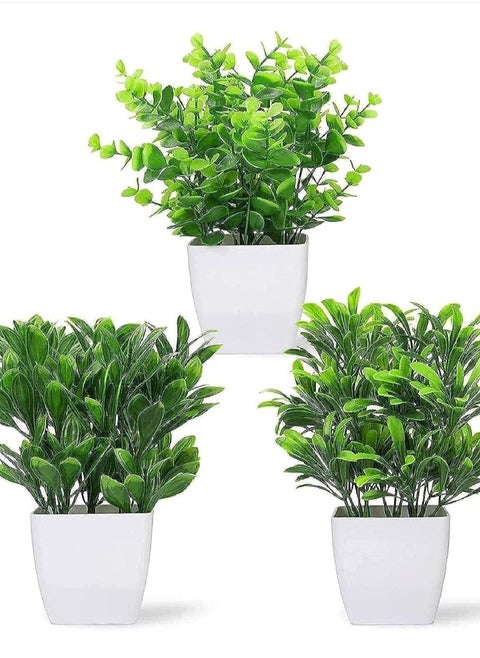 3 Pcs Artificial Plants Green Leaves Plastic Small Potted Plants for Home Office Room Greenery Decoration