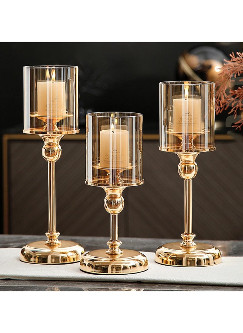 Gold Candlestick Holder Set of 3, Hurricane Candle Holders with Glass Cover, Taper Candle Stands, Elegant Candle Stands for Wedding, Party, and Home Decor, Stunning Table Centerpiece for Special Occasions, Gold Finish. - pzsku/Z0B3F515107FDC45C5C2BZ/45/_/1717413097/0ceafaba-9ad8-4126-bfed-1f5be3390b1e