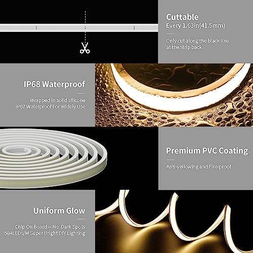 PAUTIX COB LED Strip Neon Rope Light 16.4ft/5m, 2700K Warm White 504 LEDs/m 24V,Silicone LED Neon Light IP68 Waterproof for Outdoor Indoor Lighting Decor(Power Supply NOT Included) - Image 3