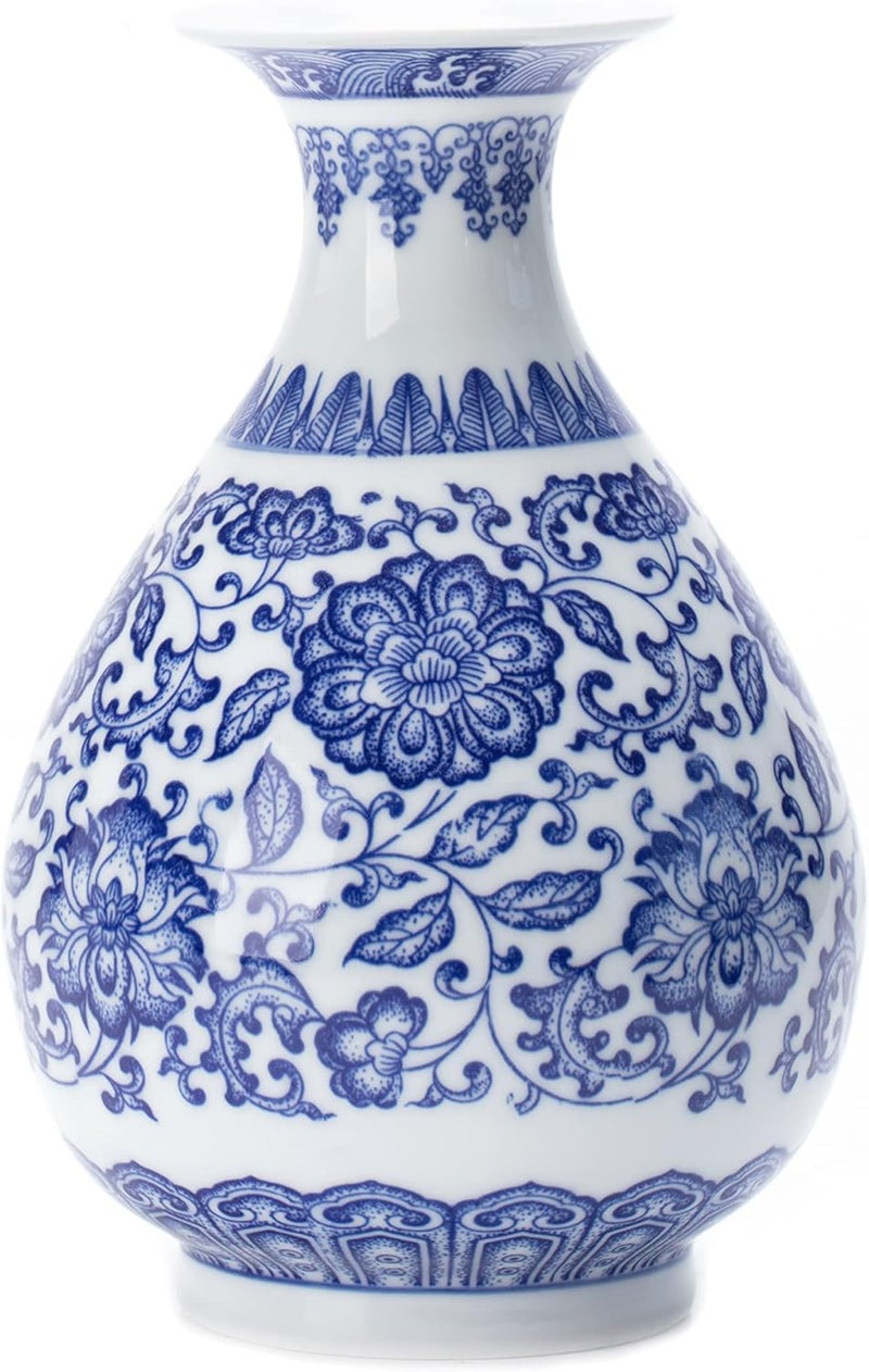 KuJaRen مزهرية زرقاء وبيضاء، ديكور المنزل بالمزهريات الزرقاء، مزهرية تشينوازري، خزف أزرق وأبيض، مزهرية خزفية للمنزل، غرفة المعيشة، رف الكتب، موقد المدفأة، مركز الطاولة، مركز، 8 بوصة - Image 1