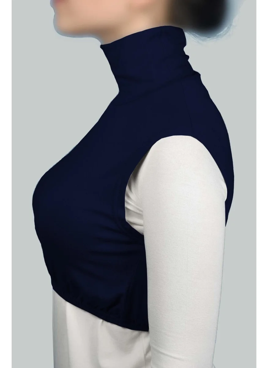 التوبة Zero Sleeve Turtleneck Full Turtleneck Lycra Combed Cotton Women's Half Body - Navy Blue
