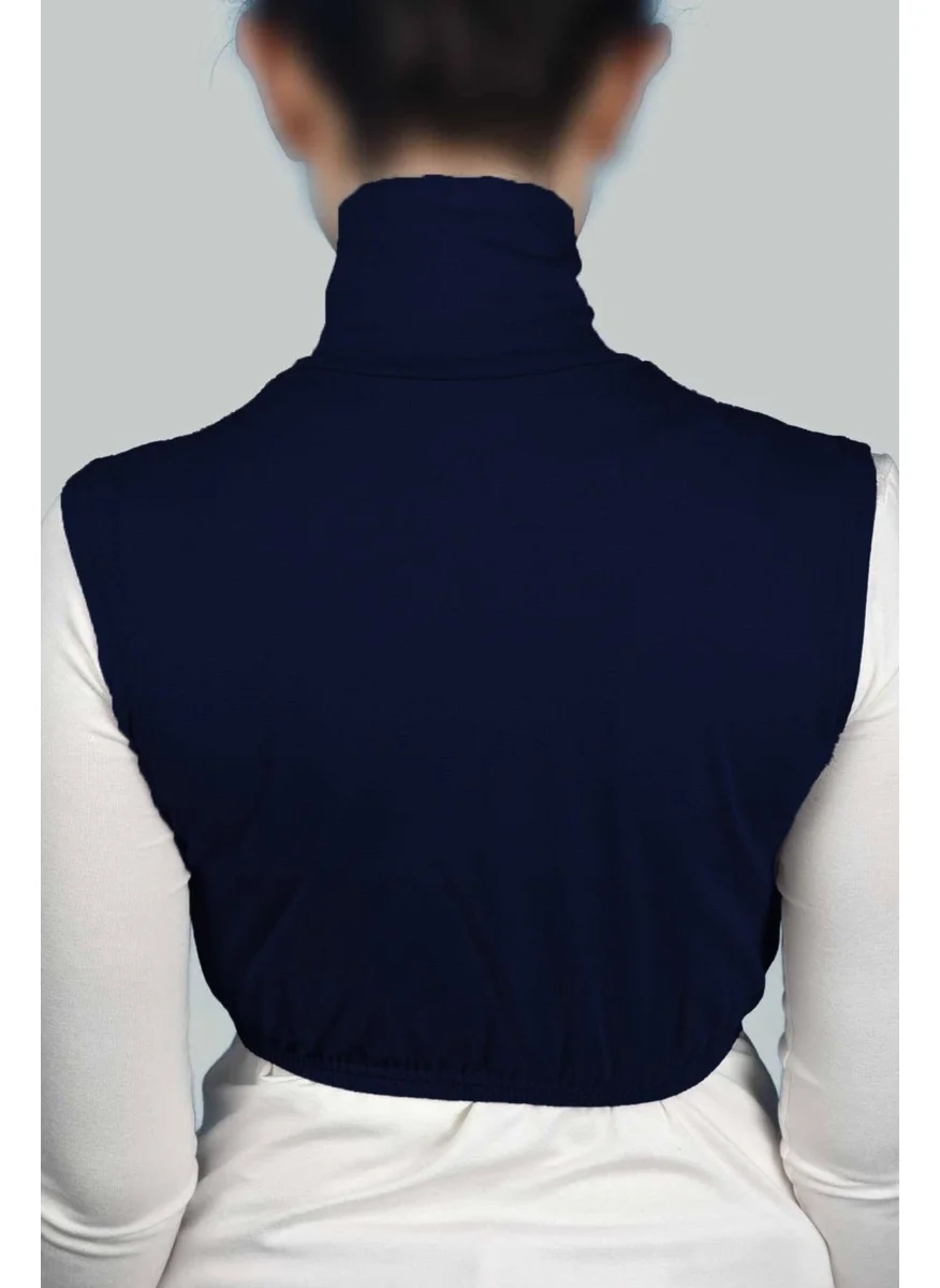 التوبة Zero Sleeve Turtleneck Full Turtleneck Lycra Combed Cotton Women's Half Body - Navy Blue
